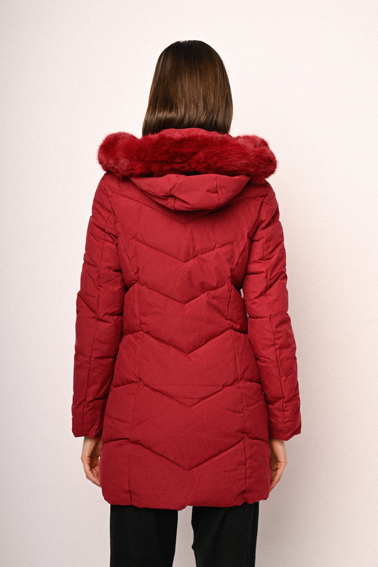 Faux fur trimmed-hoodie quilted nylon down jacket