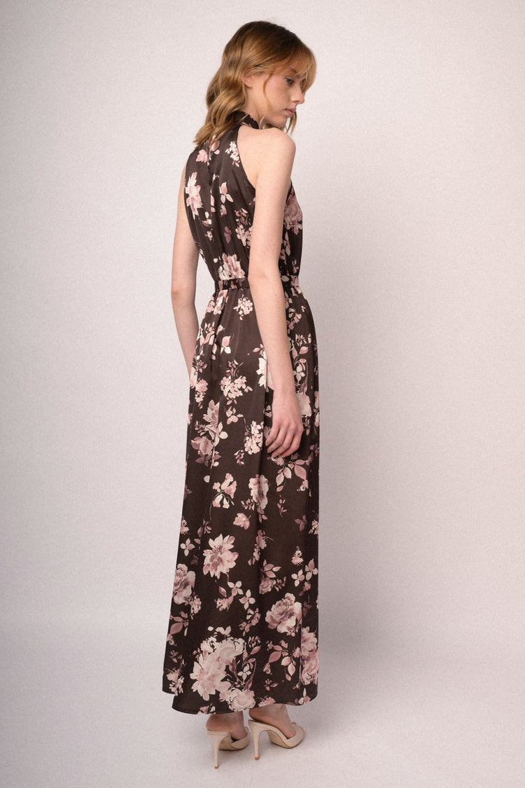 Chocolate floral print halter long dress