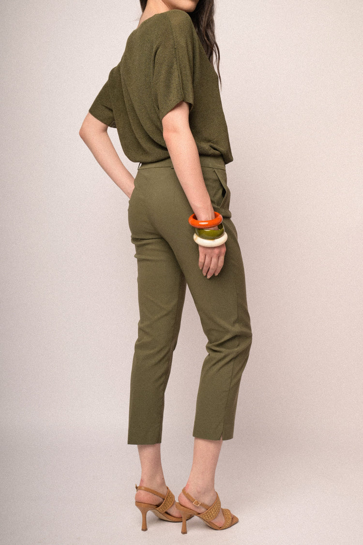 Olive green viscose-blend slim-fit trousers