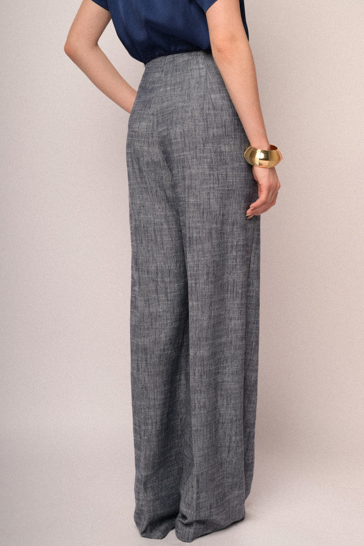 Heather blue frayed waistband wide-leg trousers