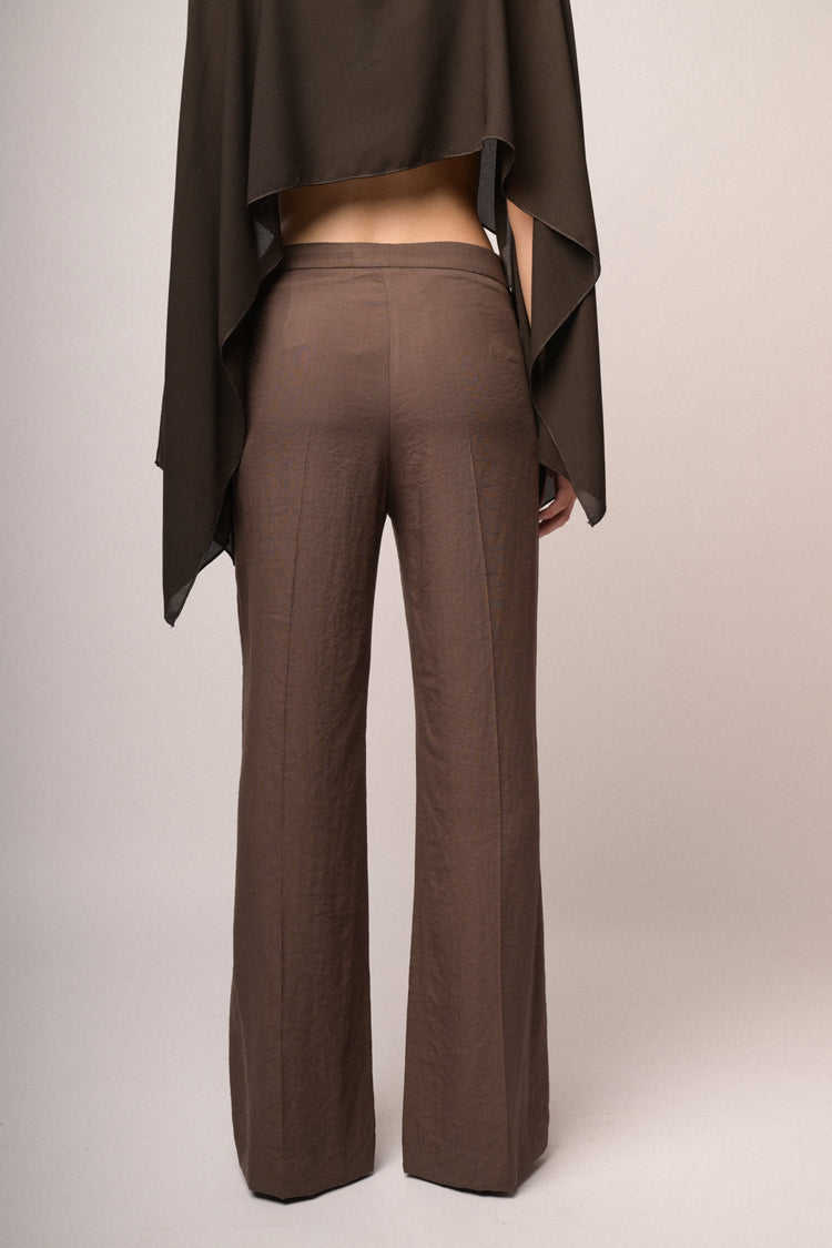 Chocolate viscose-blend flared-leg trousers