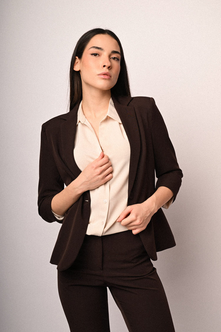 Chocolate cropped sleeves single-breasted blazer