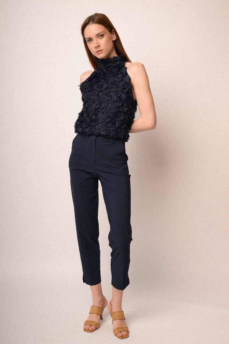 Blue viscose-blend split slim-fit trousers