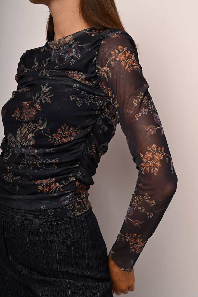 Floral print draped tulle top
