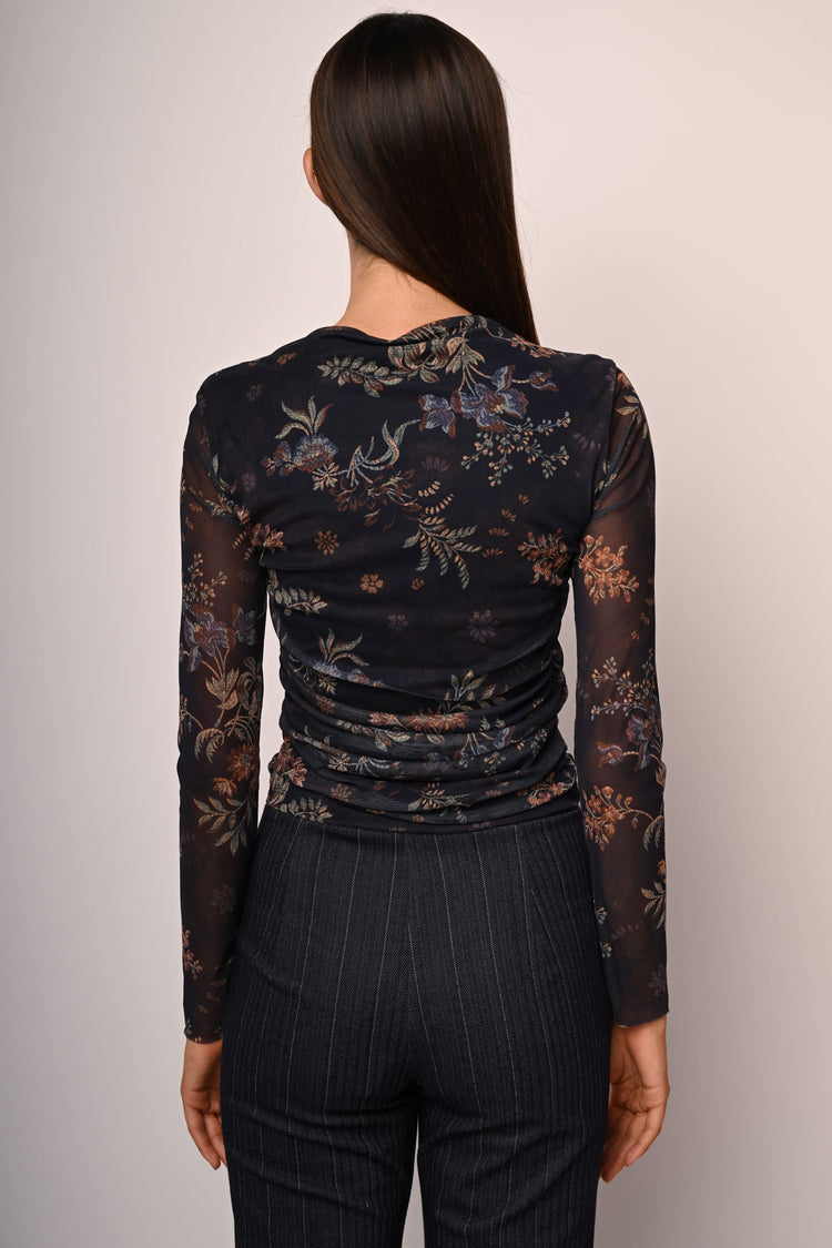 Floral print draped tulle top