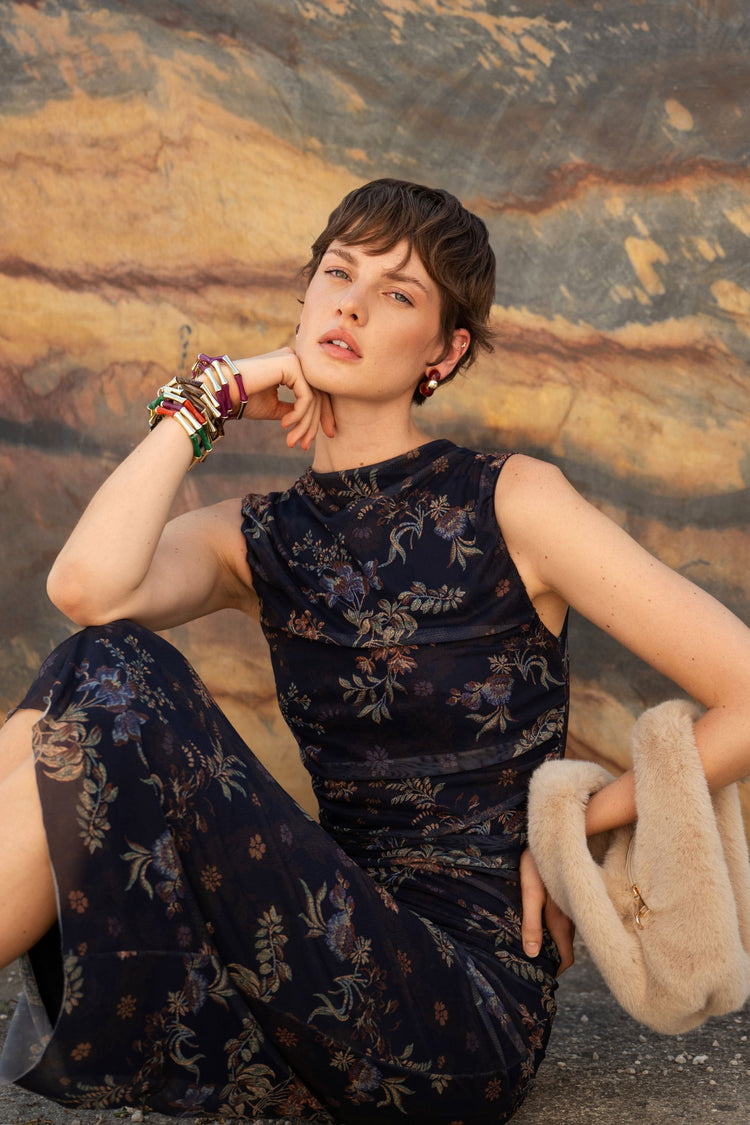Floral print tulle midi dress