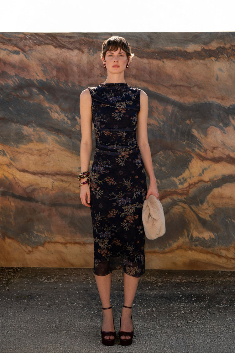 Floral print tulle midi dress