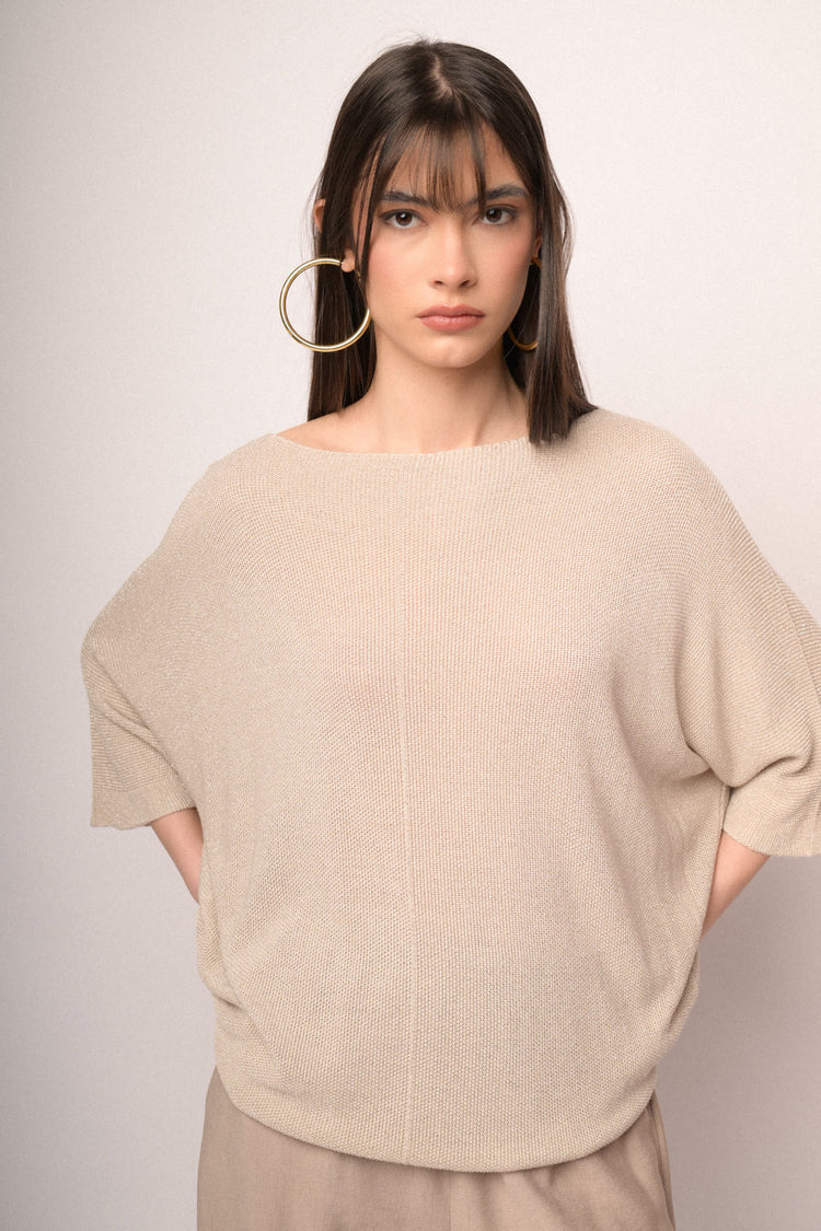Beige lurex knit oversized sweater