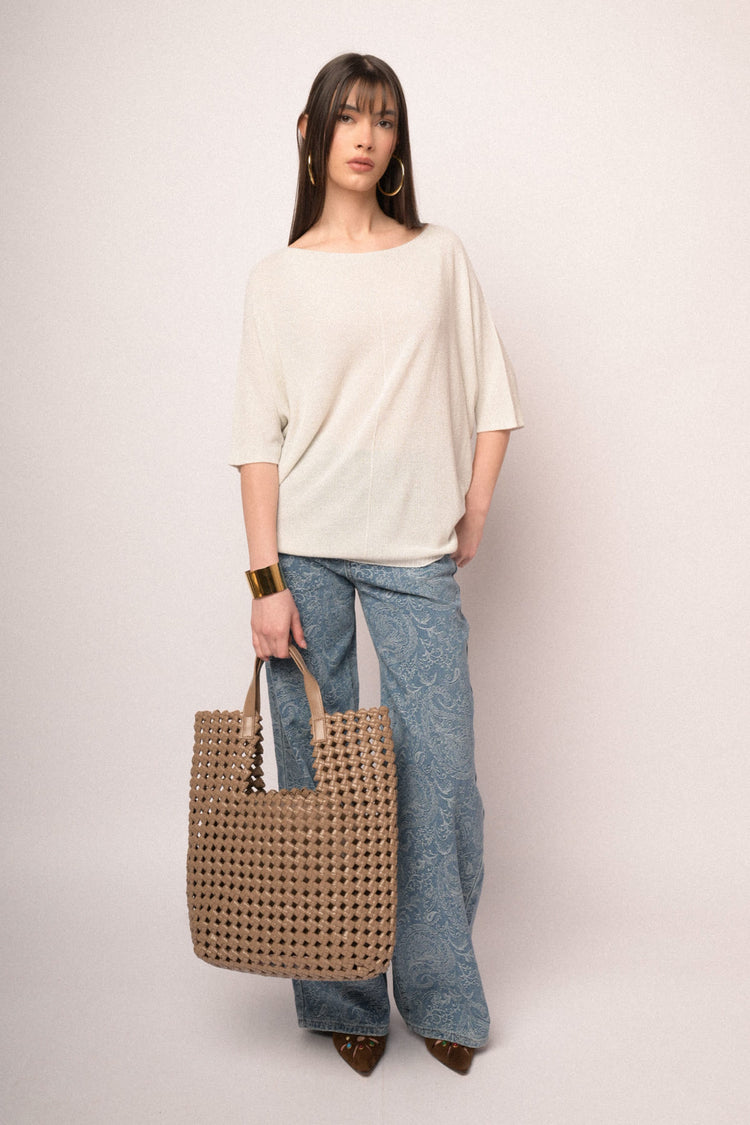 White lurex knit oversized sweater