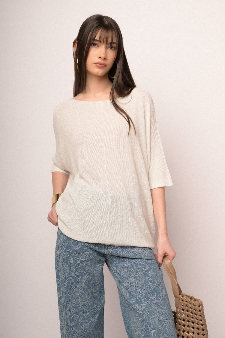White lurex knit oversized sweater