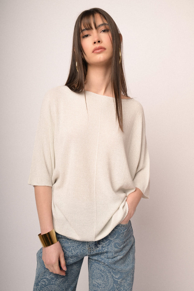 White lurex knit oversized sweater