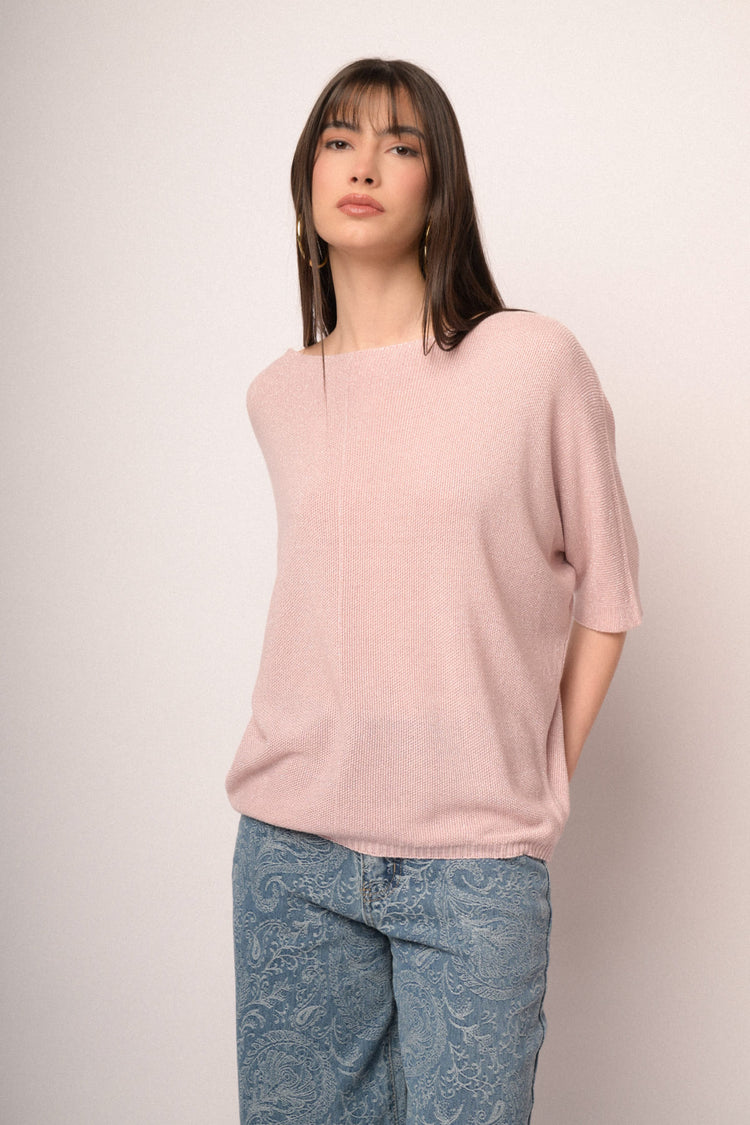 Pink lurex knit oversized sweater