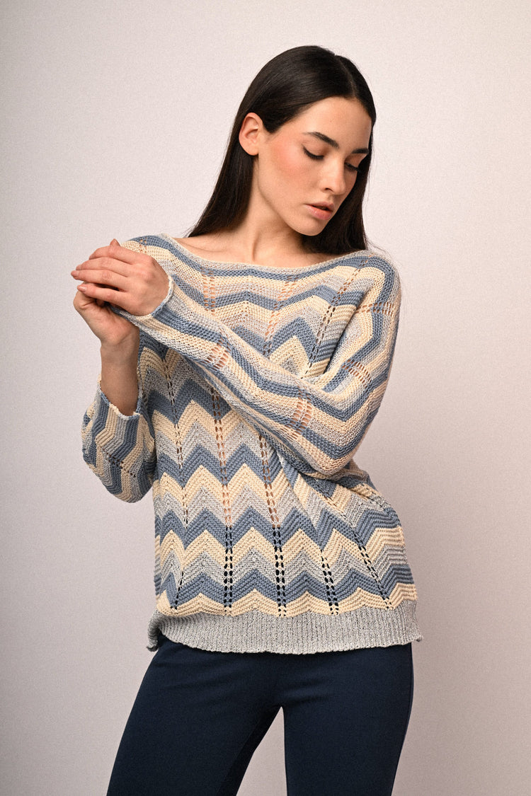 Zig-zag striped crochet knit sweater