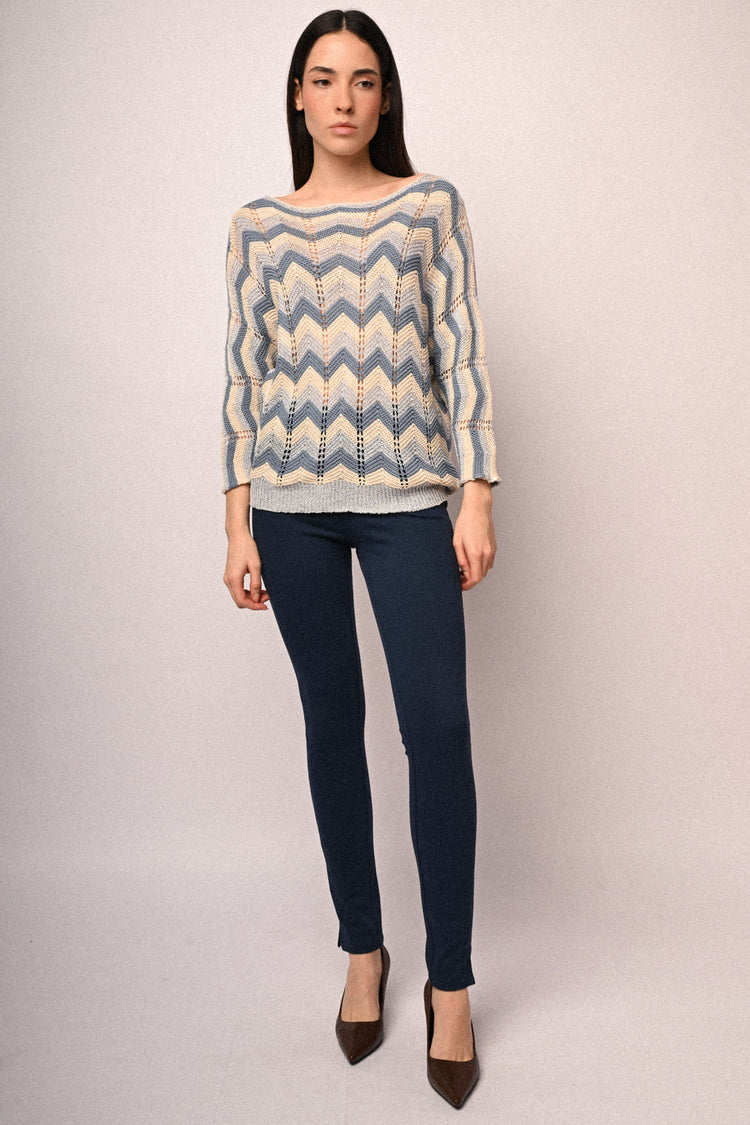 Zig-zag striped crochet knit sweater