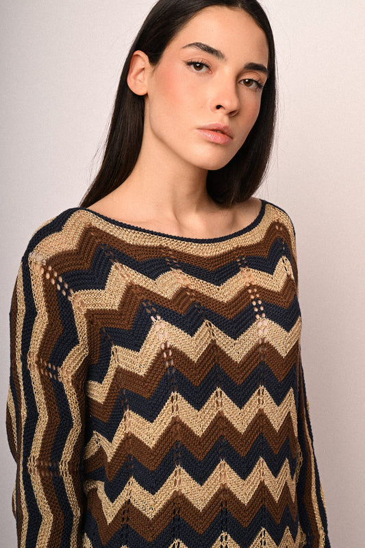 Zig-zag striped crochet knit sweater