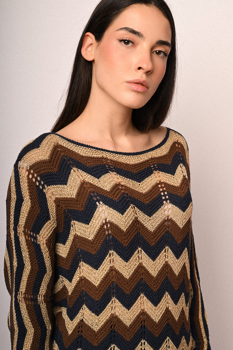 Zig-zag striped crochet knit sweater