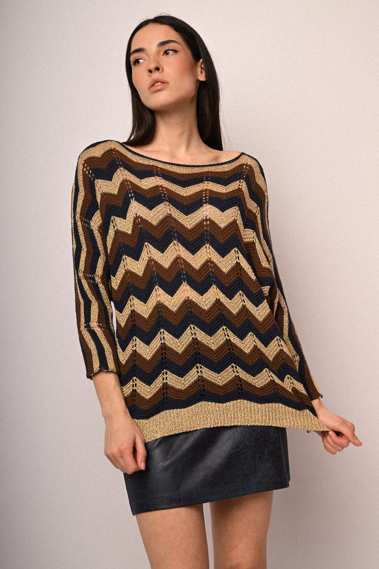 Zig-zag striped crochet knit sweater