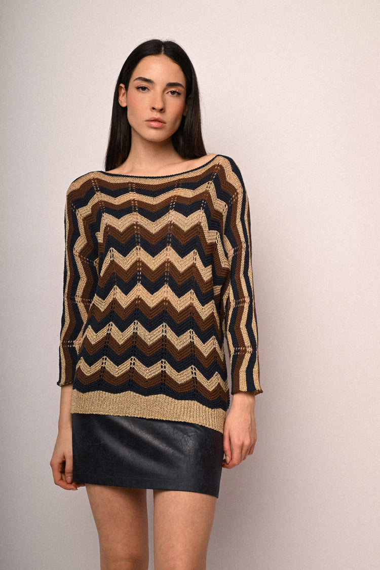 Zig-zag striped crochet knit sweater