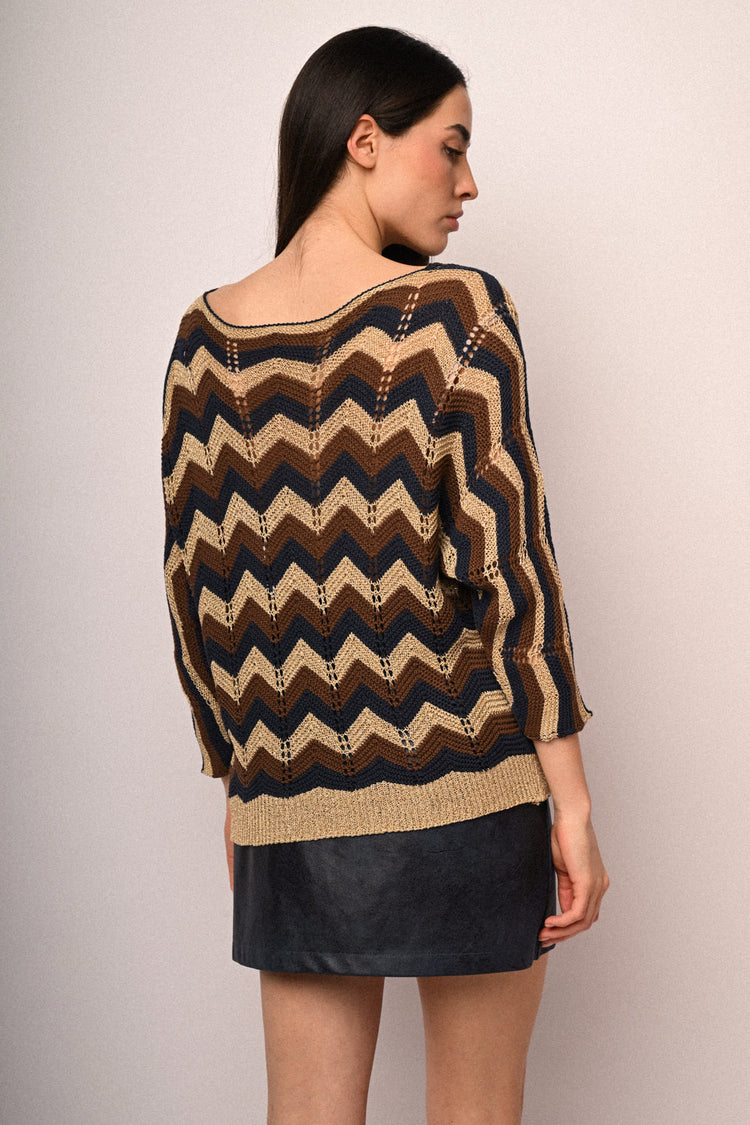 Zig-zag striped crochet knit sweater