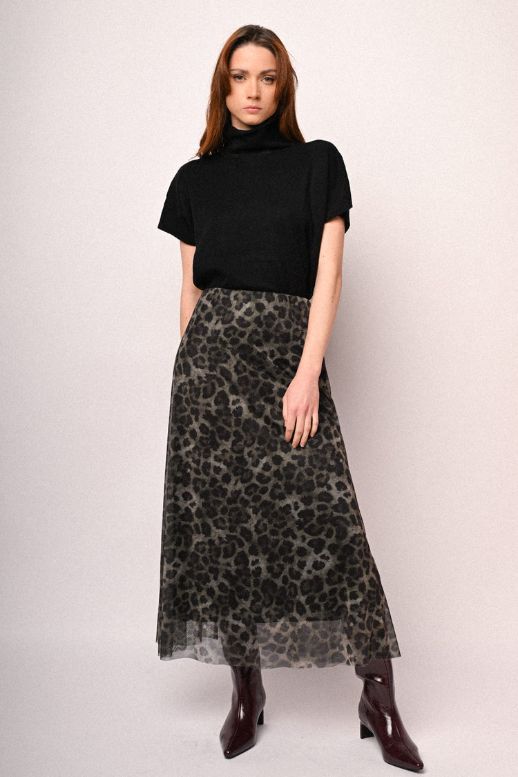 Animalier print tulle midi skirt