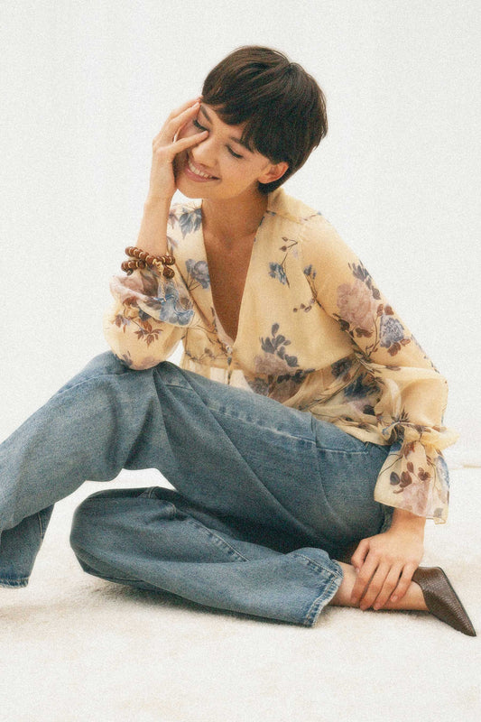 Butter yellow floral print blouse