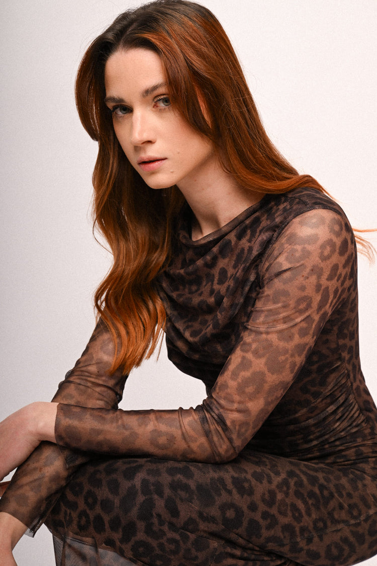 Animalier print tulle midi dress