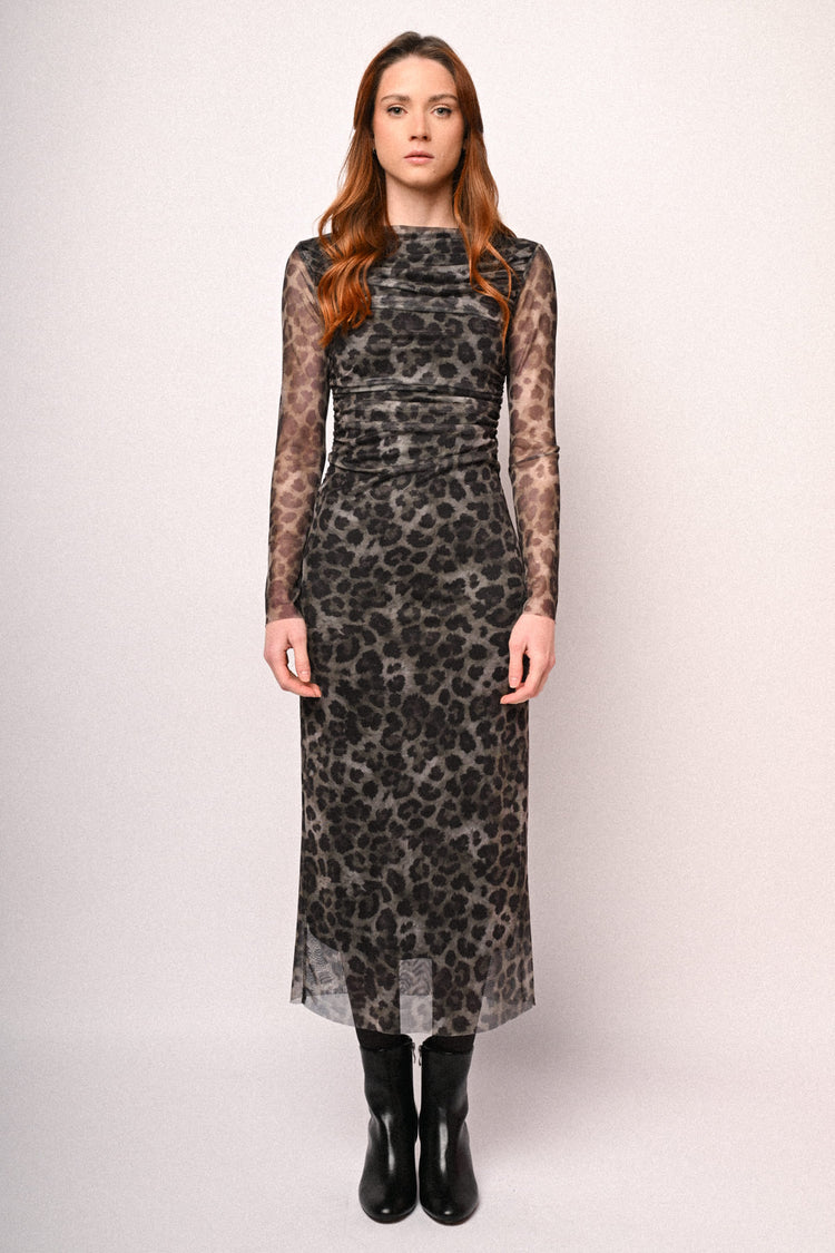 Animalier print tulle midi dress