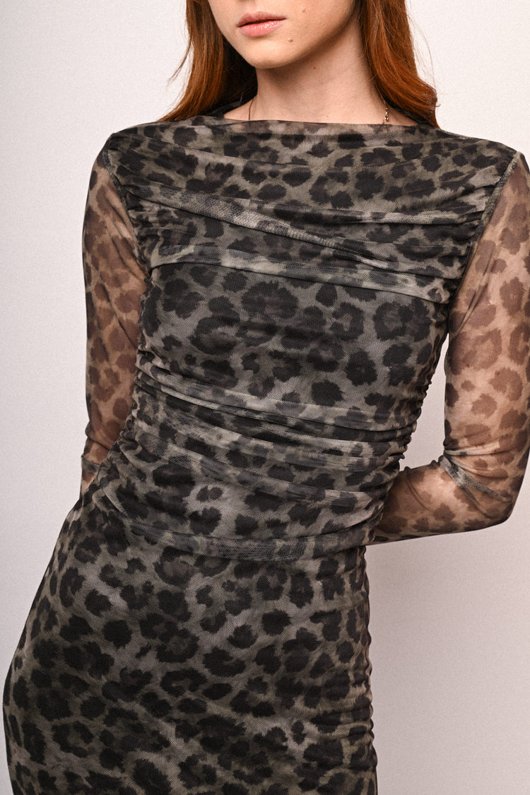 Animalier print tulle midi dress