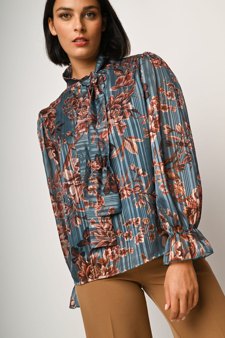 Floral print pussy-bow-neck blouse