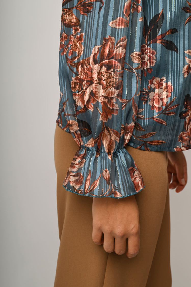 Floral print pussy-bow-neck blouse