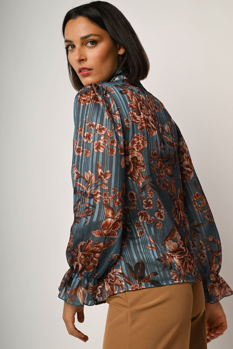 Floral print pussy-bow-neck blouse