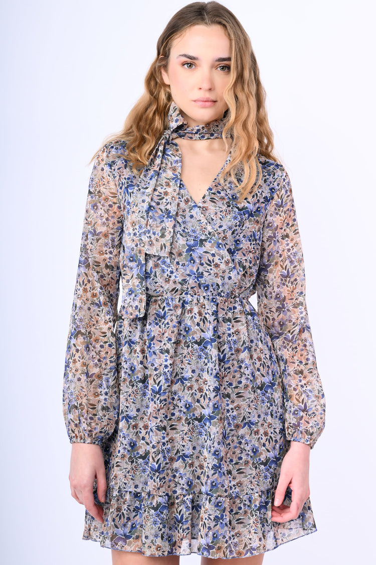 Pussy bow neck  floral print mini dress