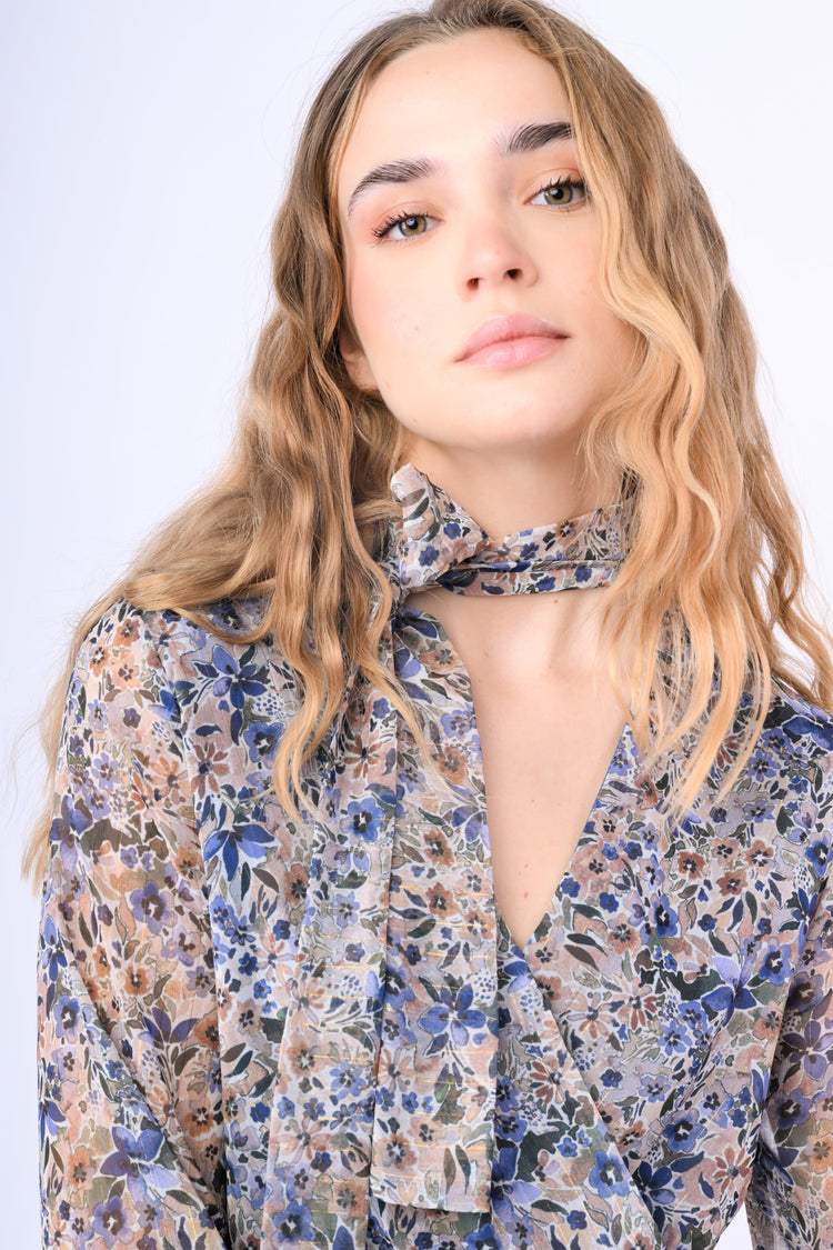 Pussy bow neck  floral print mini dress