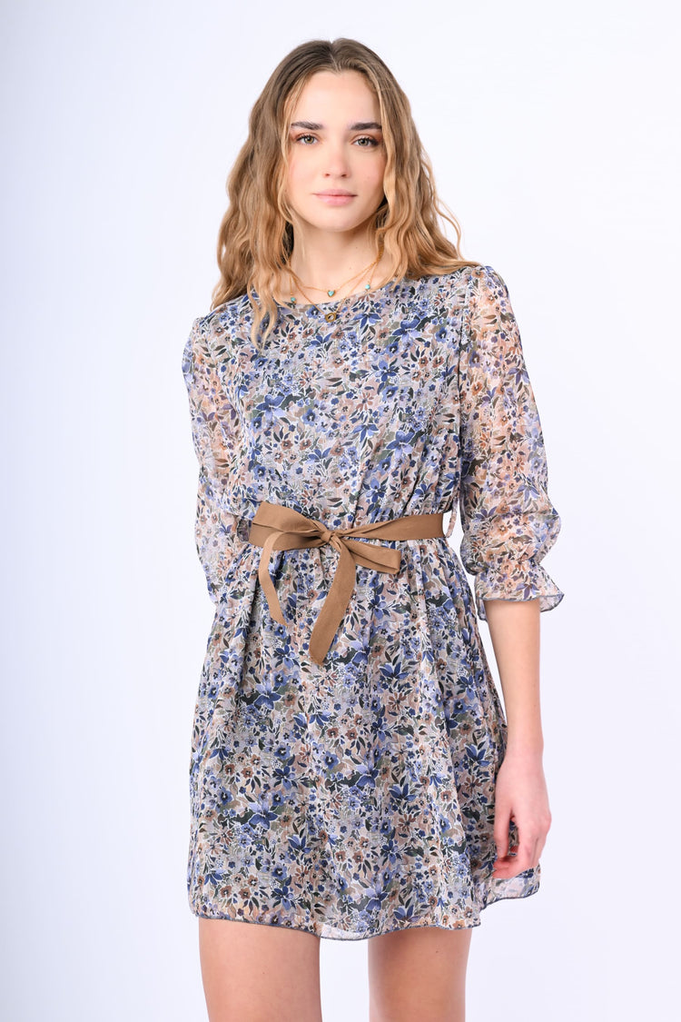 Belted floral print mini dress