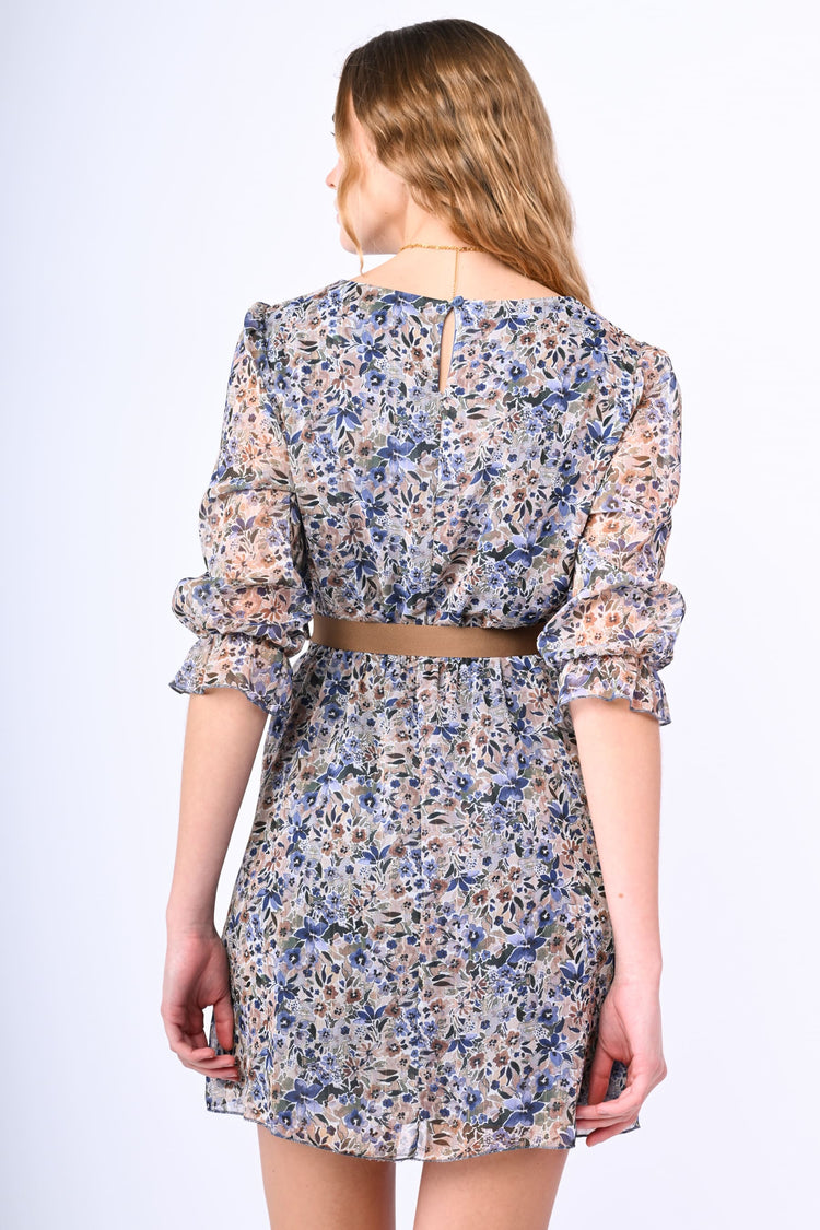 Belted floral print mini dress