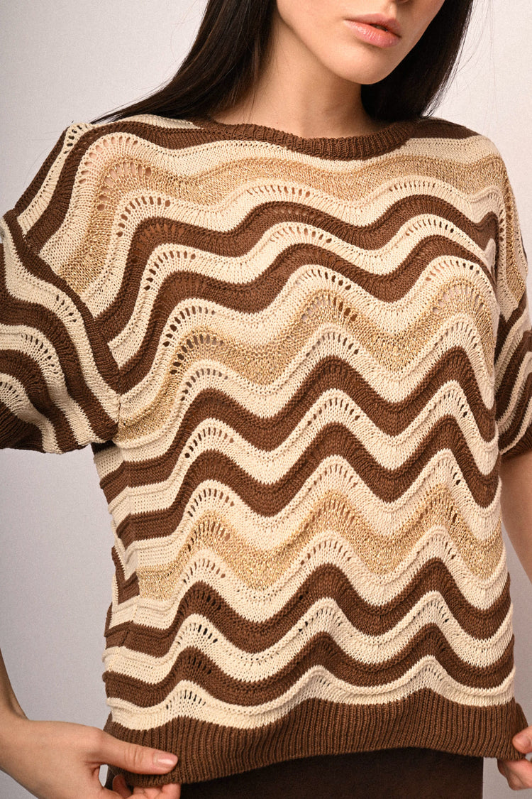 Wavy striped crochet knit sweater