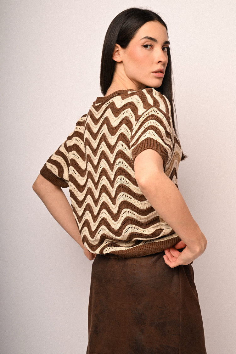 Wavy striped crochet knit sweater