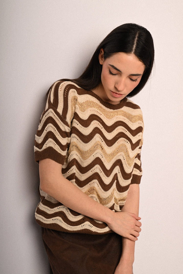 Wavy striped crochet knit sweater