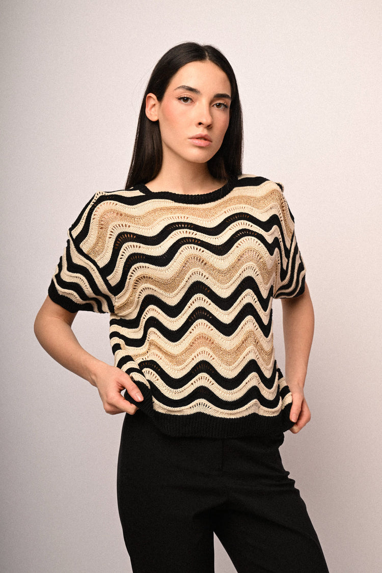 Wavy striped crochet knit sweater
