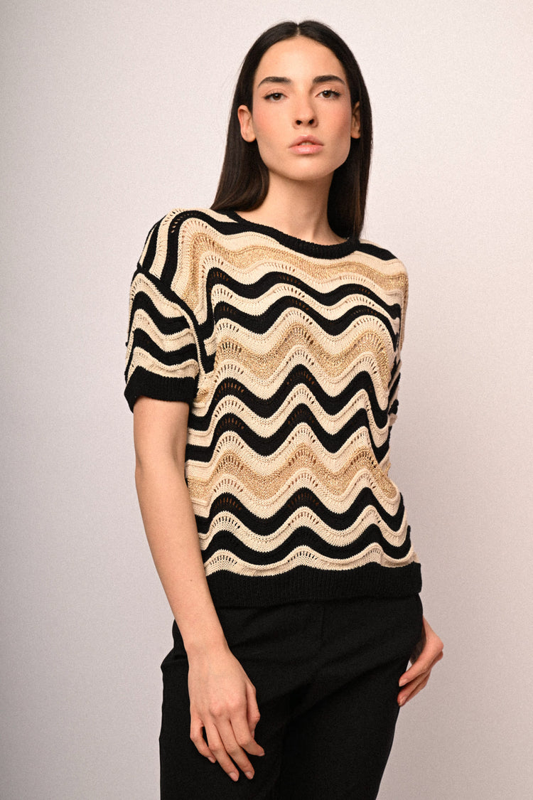 Wavy striped crochet knit sweater
