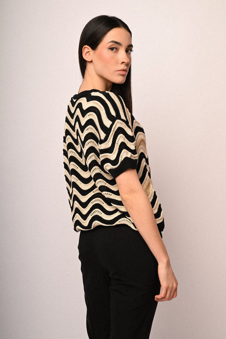 Wavy striped crochet knit sweater
