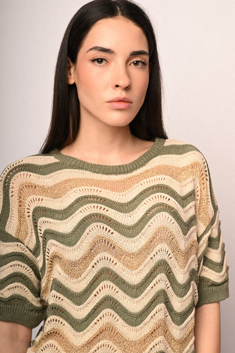 Wavy striped crochet knit sweater