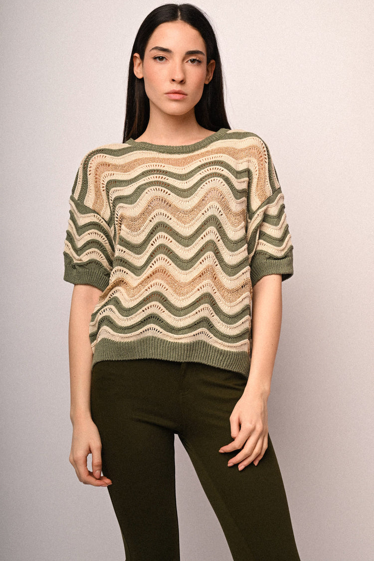 Wavy striped crochet knit sweater