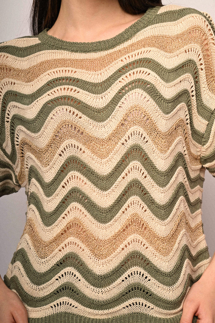 Wavy striped crochet knit sweater