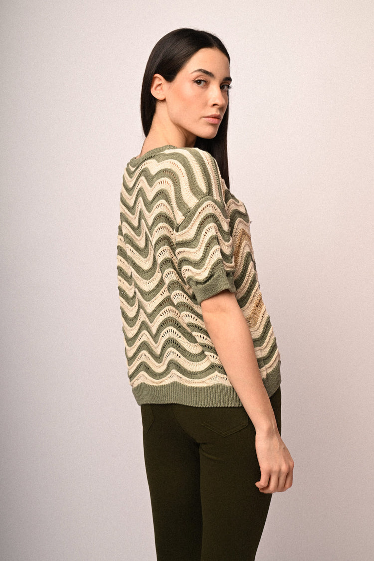 Wavy striped crochet knit sweater