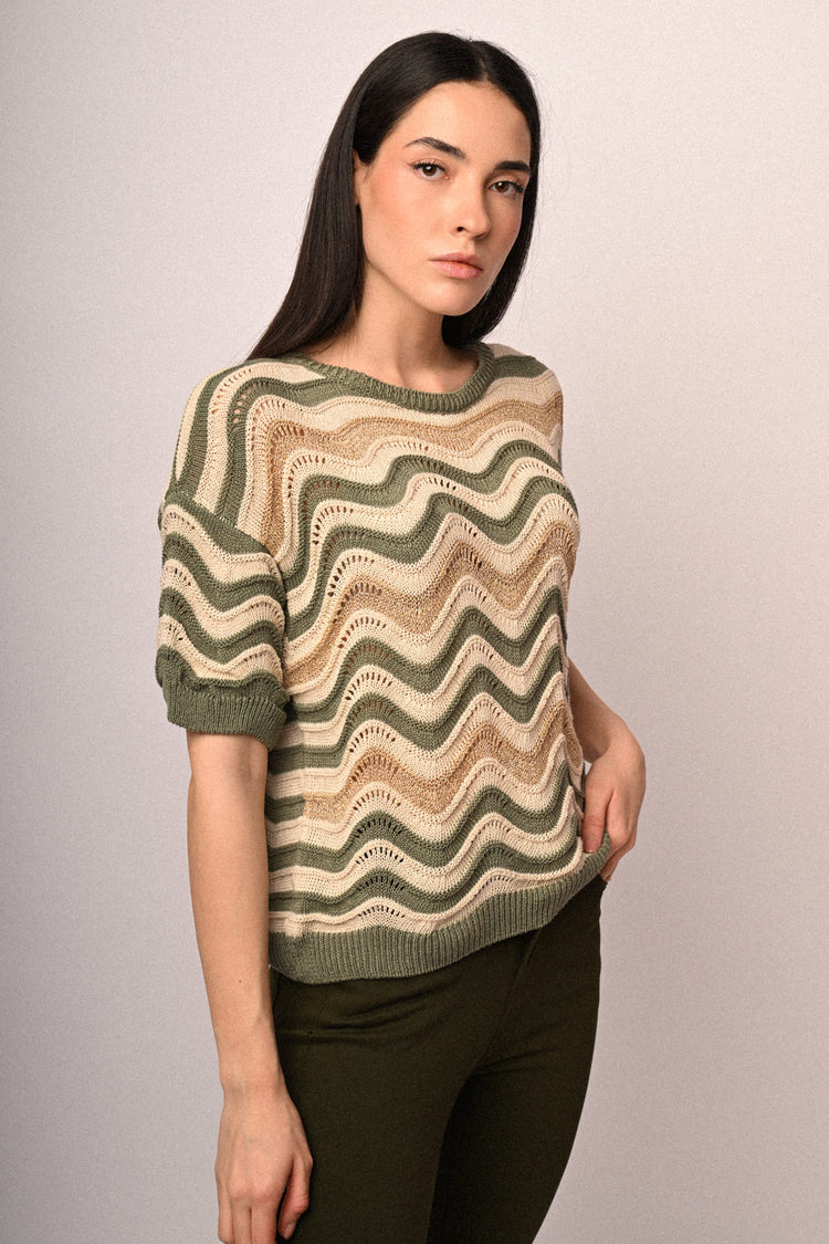 Wavy striped crochet knit sweater