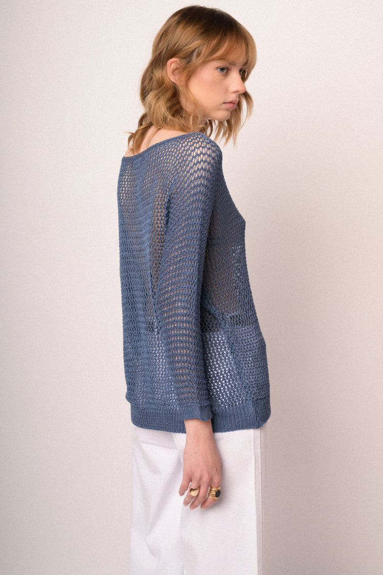 Denim blue perforated knit boxy-fit sweater
