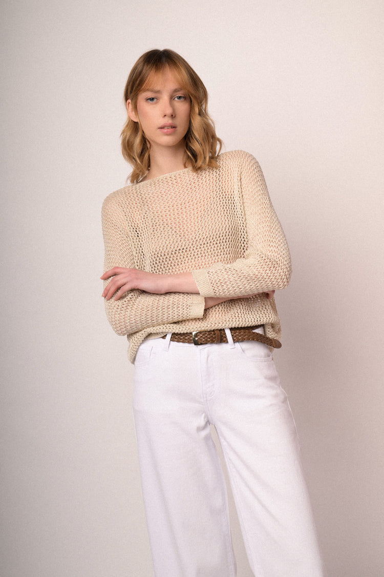 Beige perforated knit boxy-fit sweater
