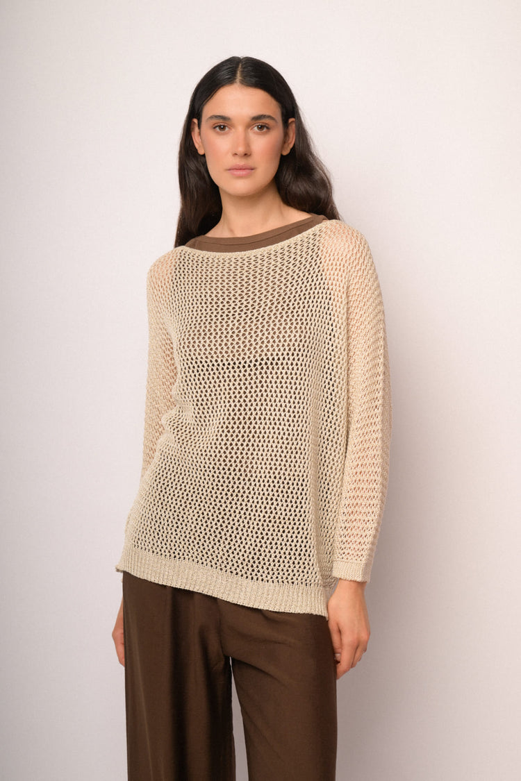 Beige openwork sweater with lurex
