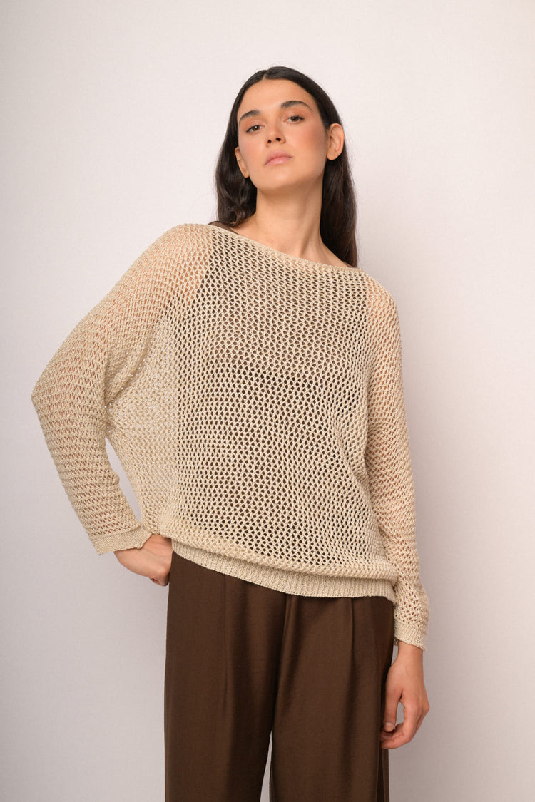 Beige openwork sweater with lurex